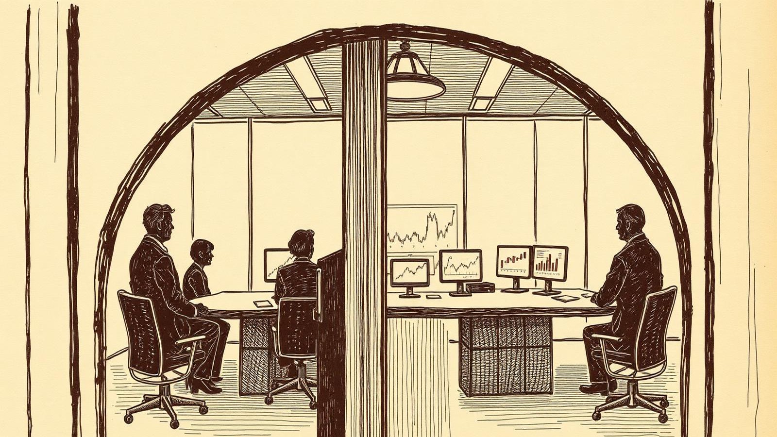 Engraved illustration of a closed boardroom seen through a locked door
