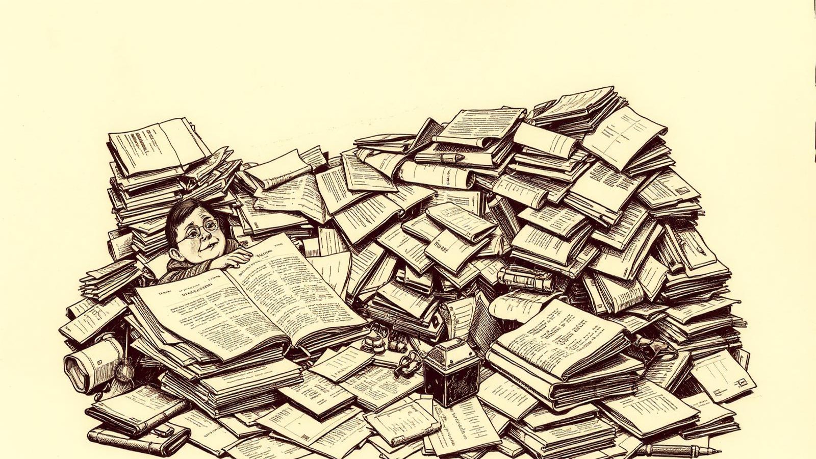 Engraved illustration of a reader buried under a flood of filings and newspapers