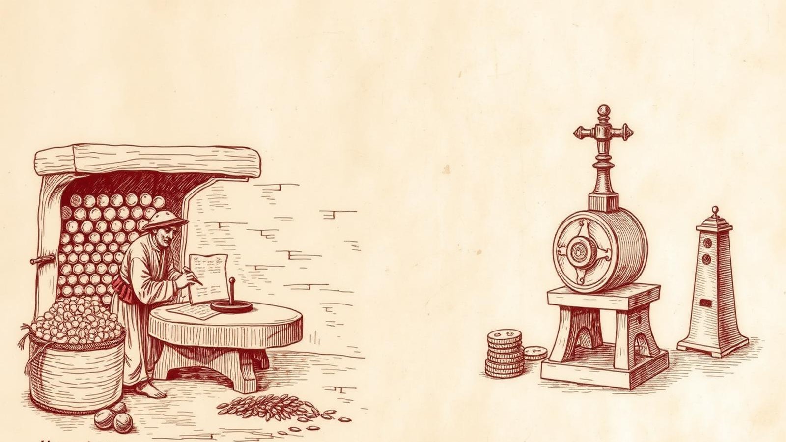 Engraved illustration of an ancient grain ledger and a coin mint press