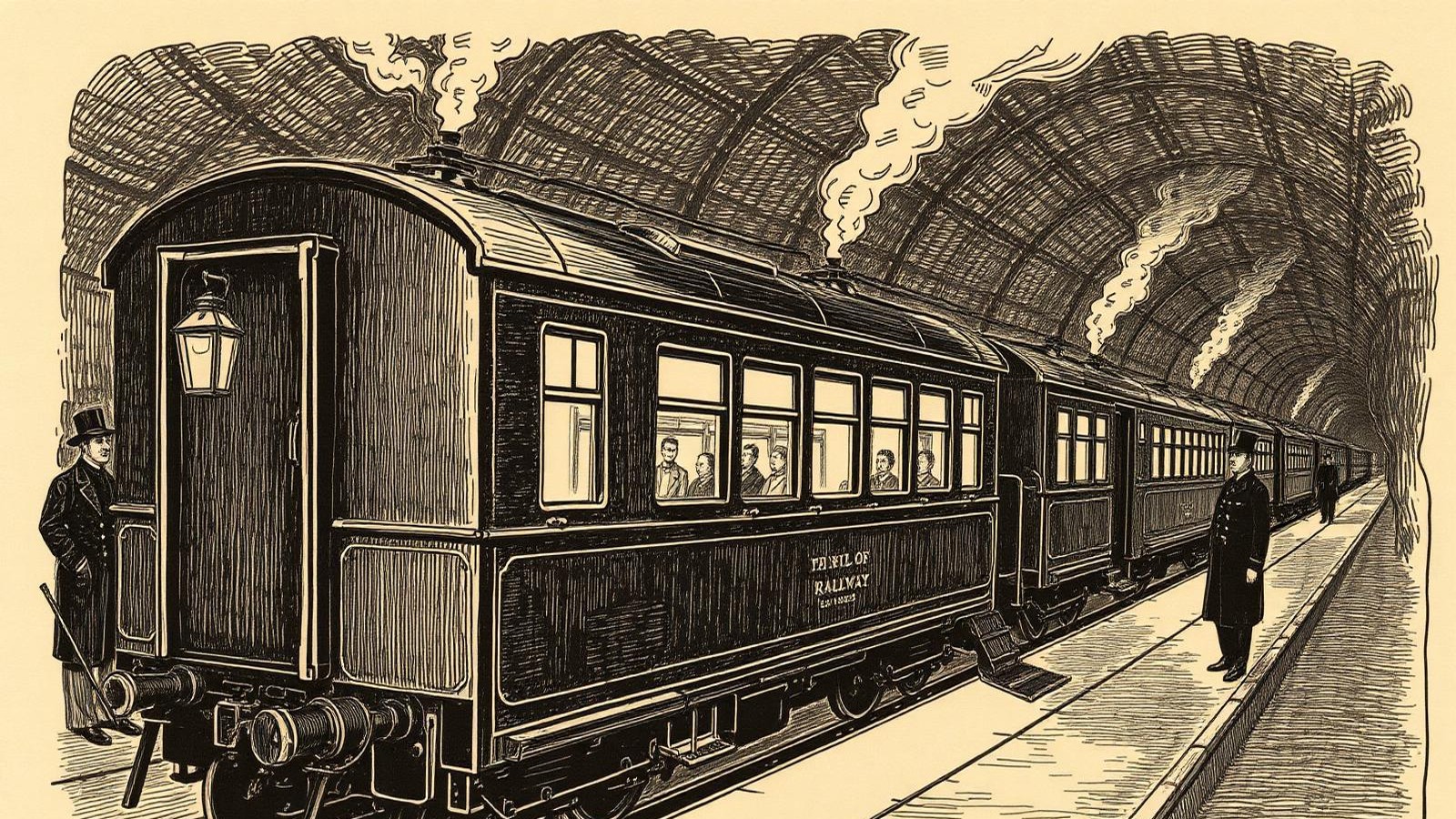 Engraved illustration of a private railway car waiting at a night platform
